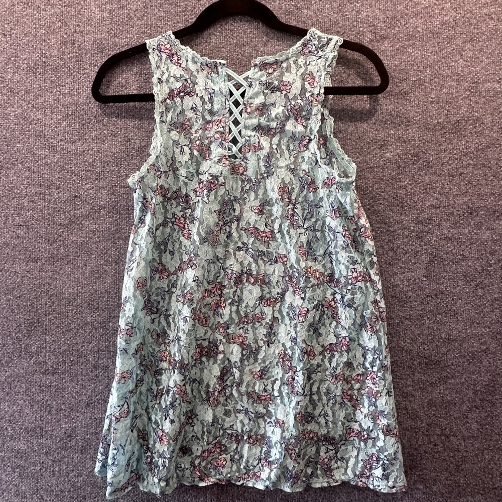 TWO Wallflower Sheer Lace Tank Blue Floral & Tan Lace Up Sz L Coquette Soft Girl - Picture 8 of 14